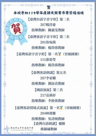 賀！本校參加114學年度語文競賽市賽榮獲佳績！圖片