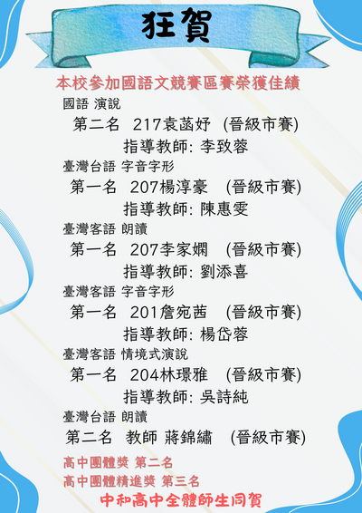 賀!本校參加114學年度國語文競賽 區賽榮獲佳績！圖片